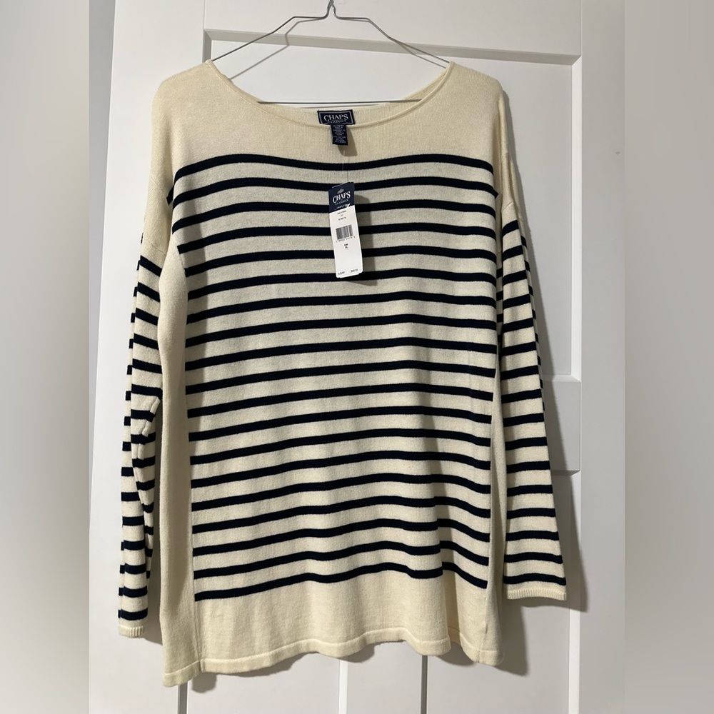 Chaps Women's Striped Cream and Navy Blue Sweater